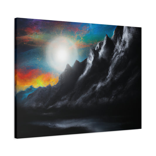 Canvas print of a vivid sunset behind a jagged mountain range, framed in ethically sourced radial pine, designed to elevate and captivate any living space
