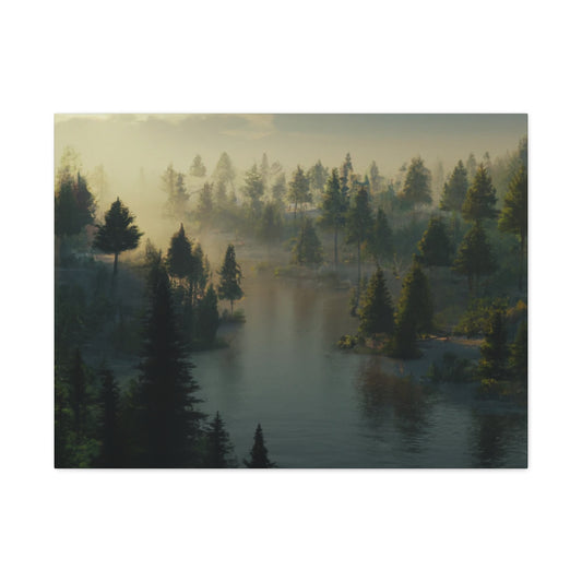 Captivating canvas print displaying a peaceful river flowing through a lush forest, set in a frame of ethically sourced radial pine. Various orientations available, designed for ease of placement.
