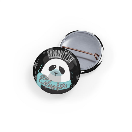 Front and back views of a round pin featuring a shivering panda with a scarf that say "BRRRRRitish Columbia."