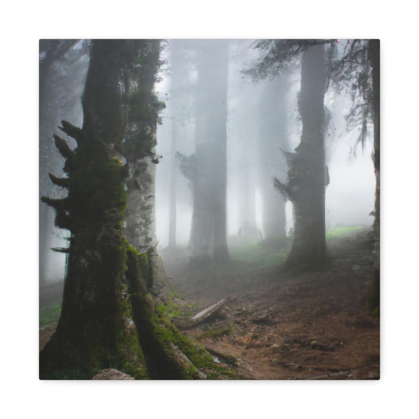 Quality canvas print of a serene, foggy forest with towering trees and lush moss, framed in ethically sourced radial pine. Multiple orientation options available, ideal for custom artwork or photos.