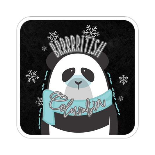 A square sticker featuring a shivering panda with a scarf that says "BRRRRRitish Columbia."