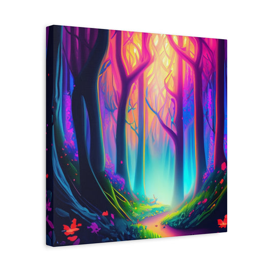 Canvas print featuring a mystical path through an enchanted forest of mesmerizing trees and flowers, framed in ethically-sourced radial pine. Multiple orientation options, back hanging included.