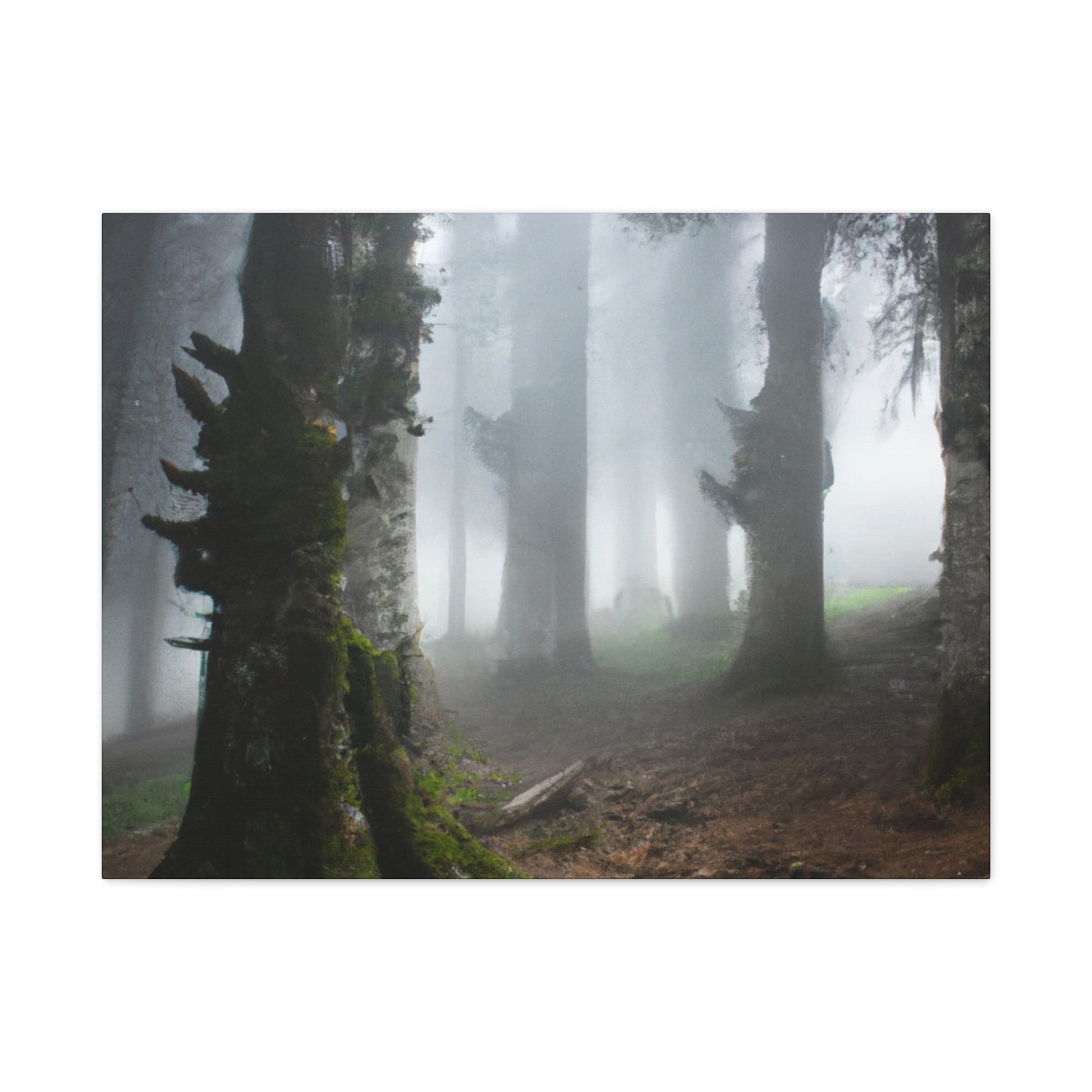 Quality canvas print of a serene, foggy forest with towering trees and lush moss, framed in ethically sourced radial pine. Multiple orientation options available, ideal for custom artwork or photos.