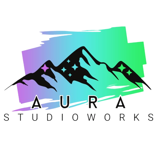 The Aura Studioworks logo that features a starry mountain range on a purple, blue, and green-coloured swatch with the name of the company.
